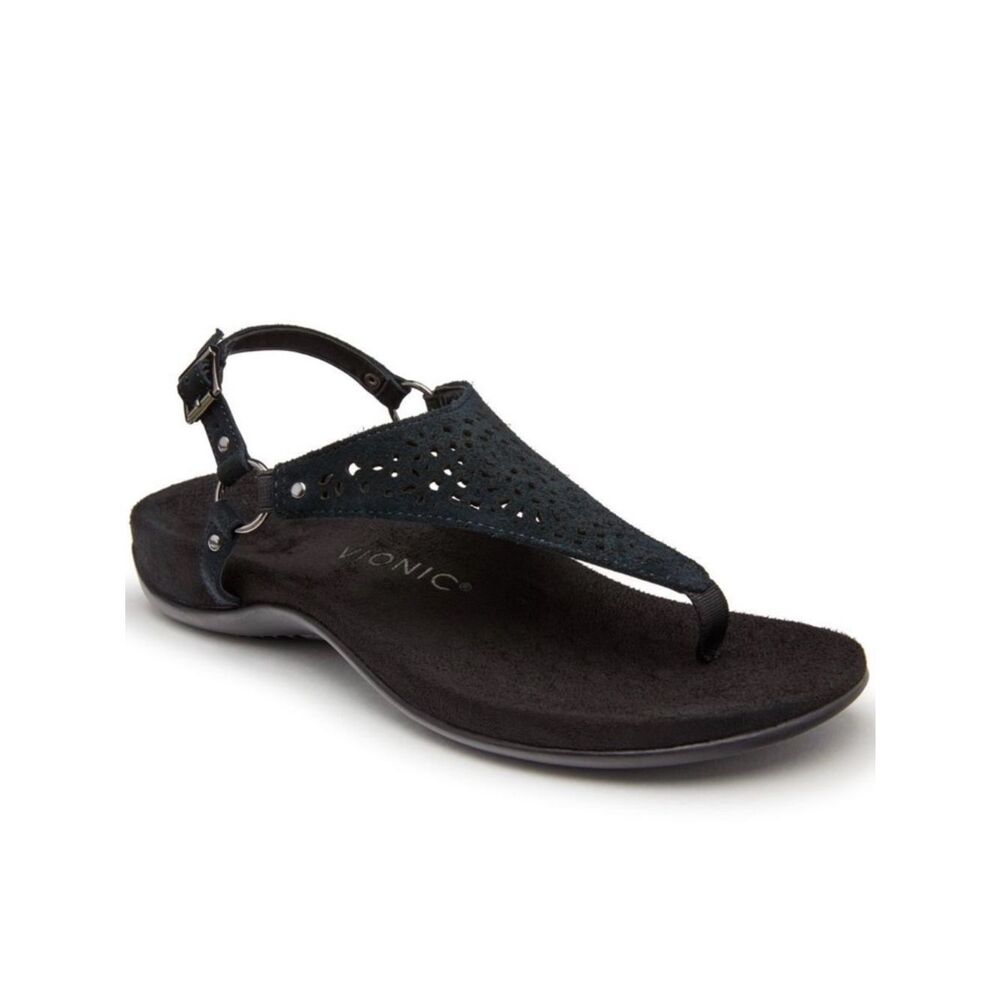 Vionic KIRRA Black Perforated Leather Triangle Upper Thong Toe Slingback Sandals